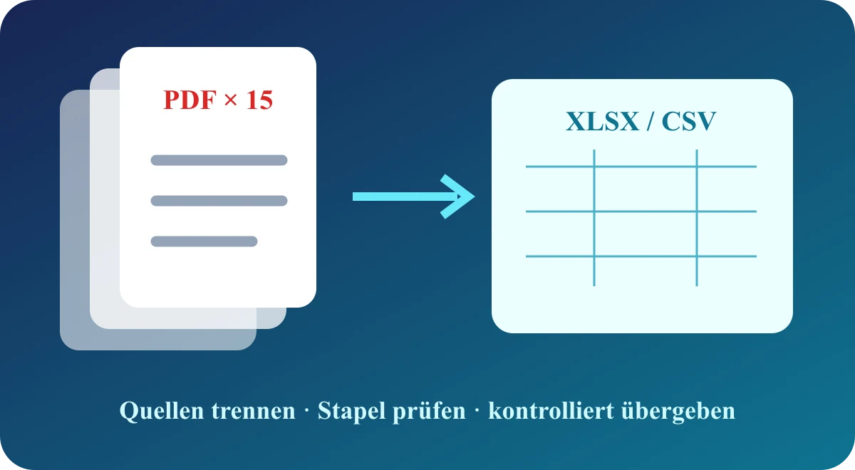 Stapel aus 15 PDF-Kontoauszügen und eine XLSX-/CSV-Tabelle für die kontrollierte Übergabe.