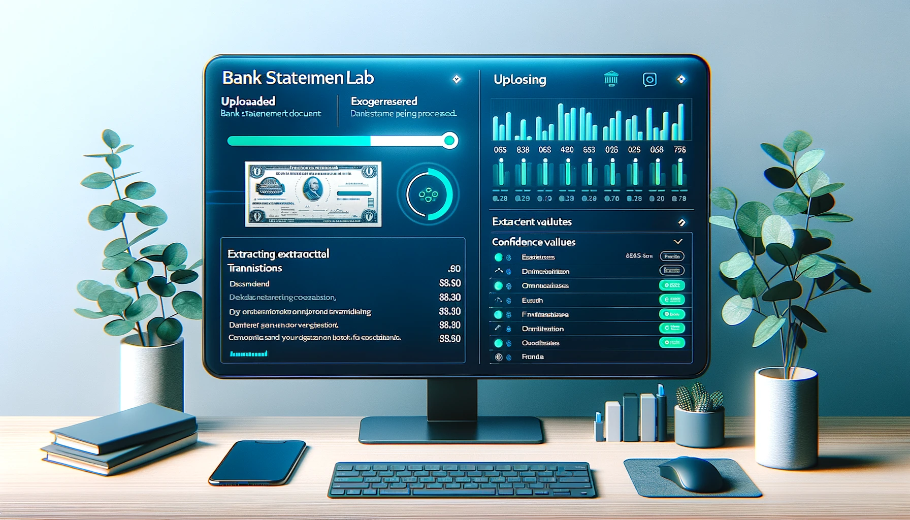 OCR Kontoauszug-Extraktion: BankStatementLab Dashboard mit hochgeladenem PDF und extrahierten Transaktionen