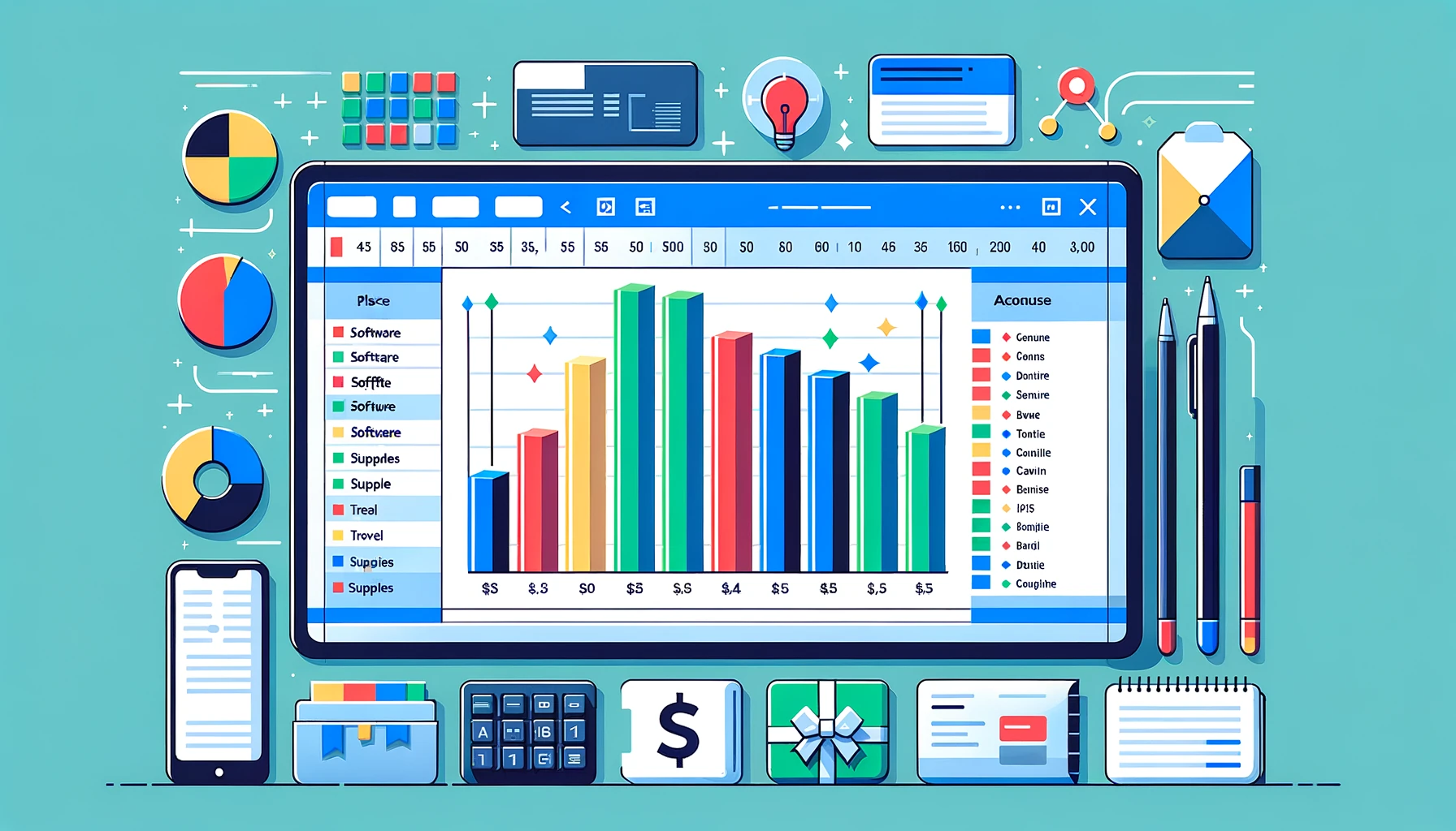 Excel pivot table and bar chart showing business expenses broken down by category