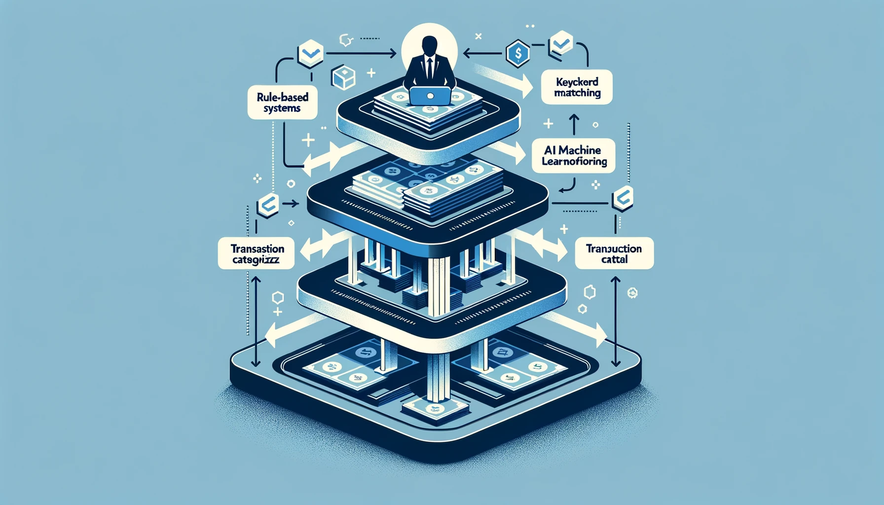 Flowchart showing layered approach to automatically categorize bank transactions