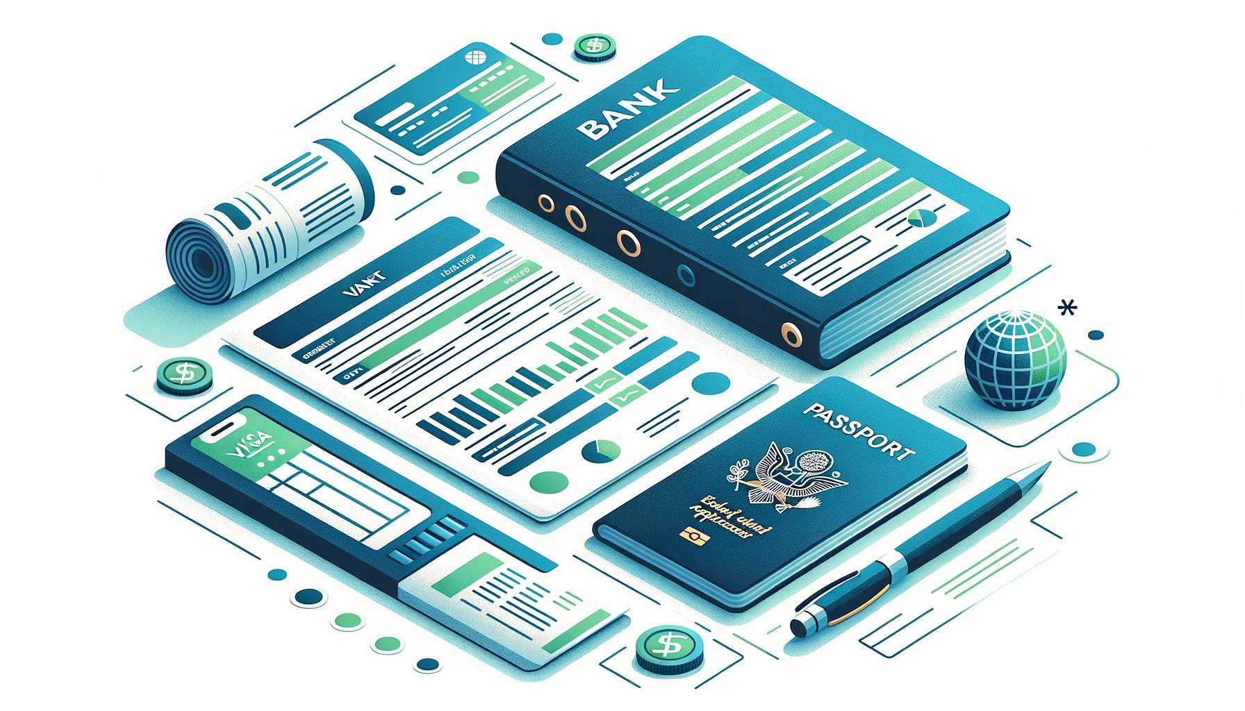 Organized bank statements alongside a passport ready for visa application