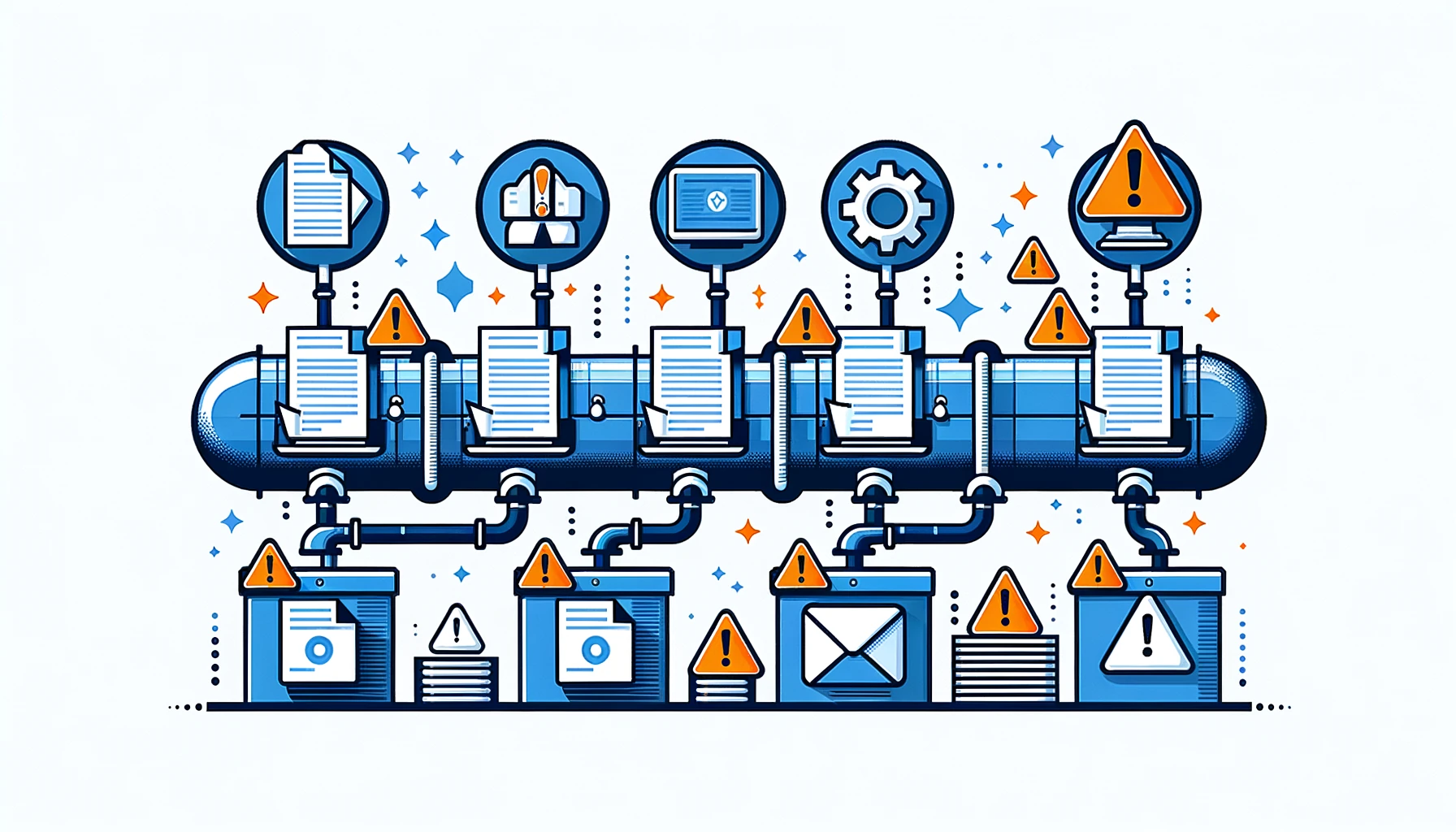 Five common problems in batch bank statement conversion shown as warnings in a processing pipeline