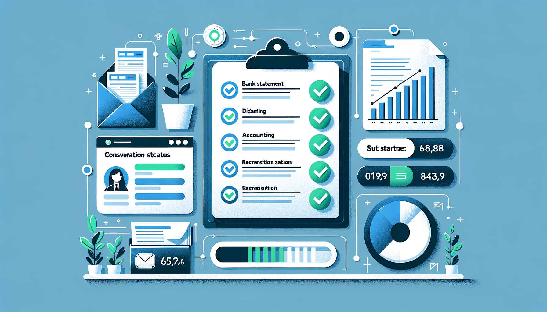Professional bookkeeping dashboard showing bank statement conversion and reconciliation workflow