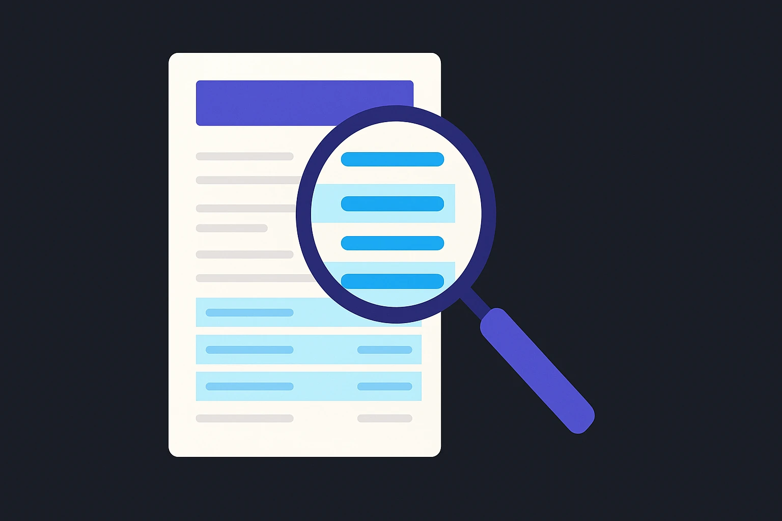 Magnifying glass over a bank statement highlighting hidden recurring charges during a subscription audit