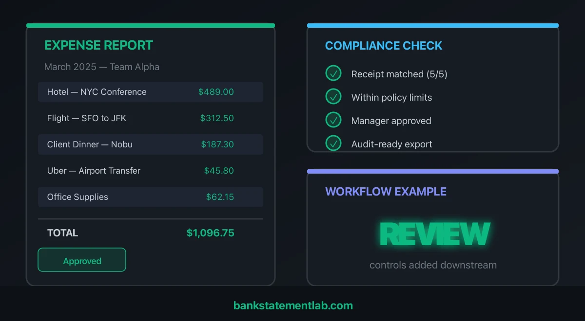 Example expense report beside a checklist for receipts, policy checks, approval and downstream review.