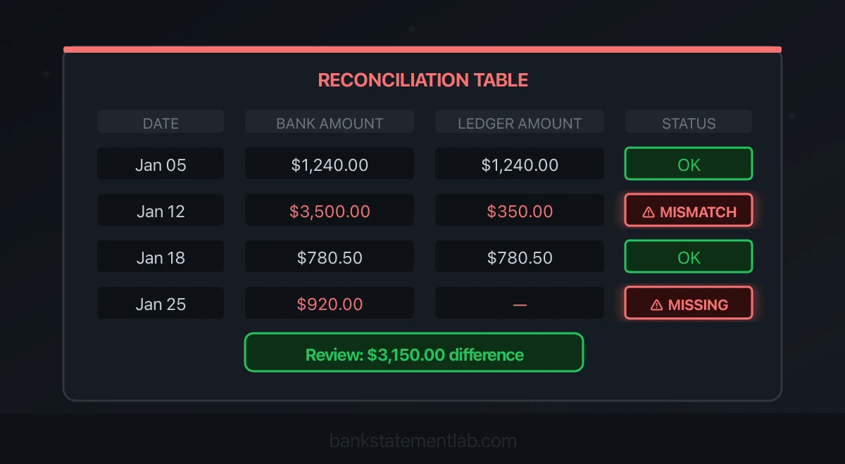Reconciliation table highlighting a mismatched amount and a missing ledger entry in warning colors.