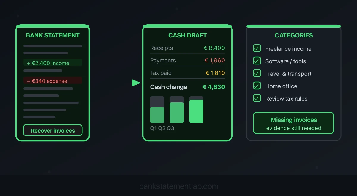 Bank statement beside a draft cash summary and categories, with missing invoices flagged as evidence still needed.