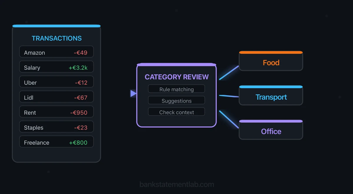 Transaction list passing through category review into food, transport and office category cards.