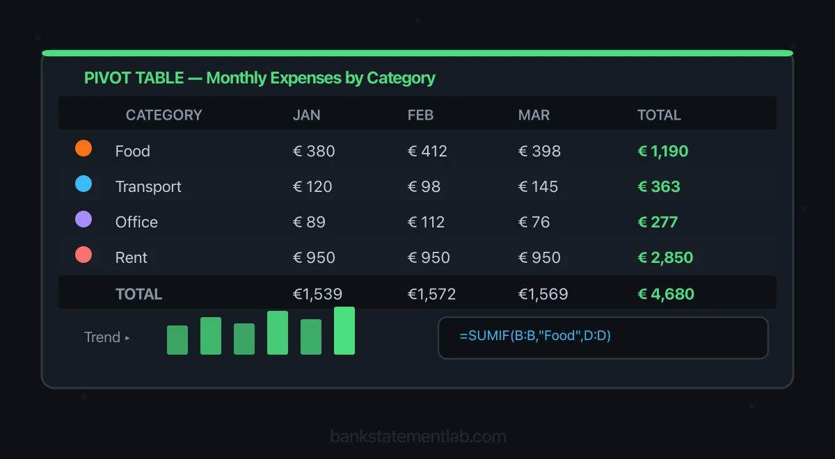Pivot table of monthly spending by category with quarterly totals, trend chart and a SUMIF formula.