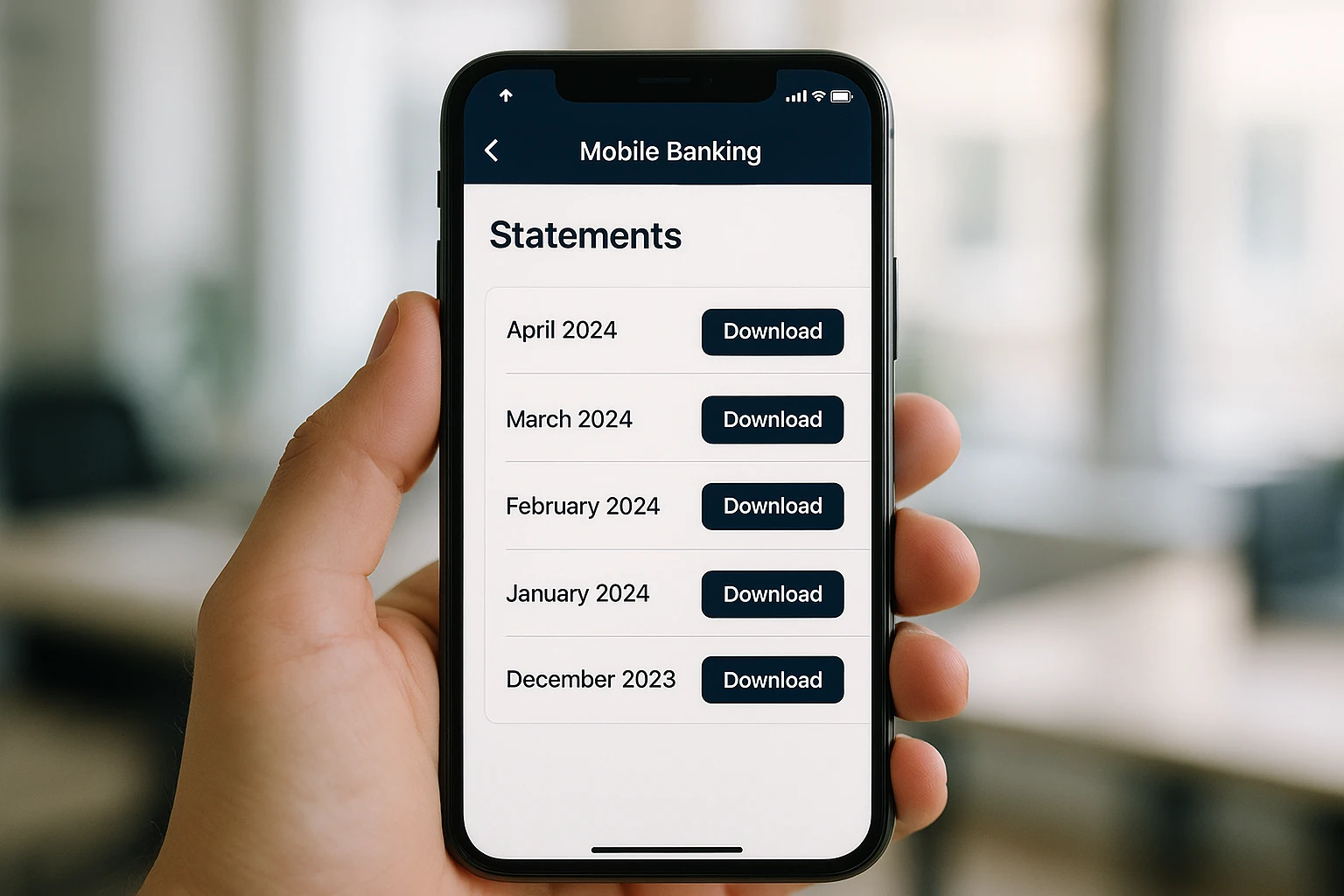 Mobile banking app screen to download a bank statement PDF