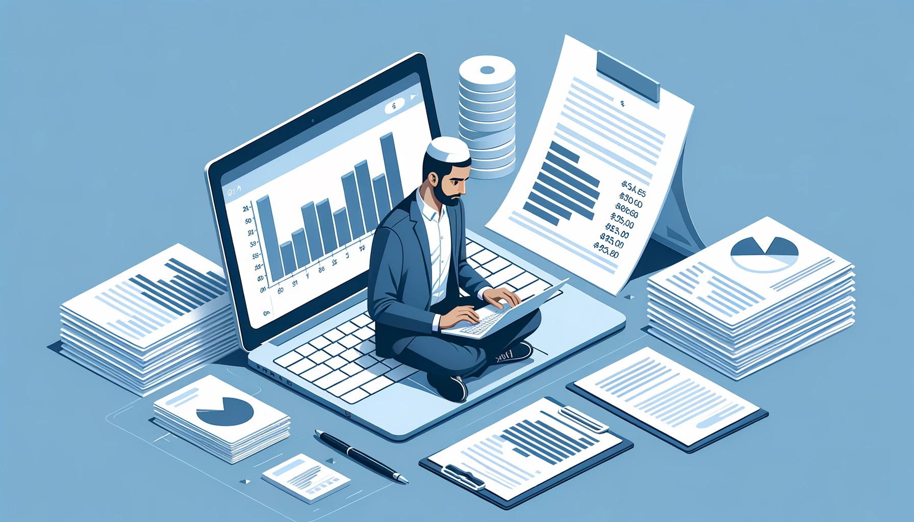 Self-employed professional generating a profit and loss statement from bank statement on a laptop