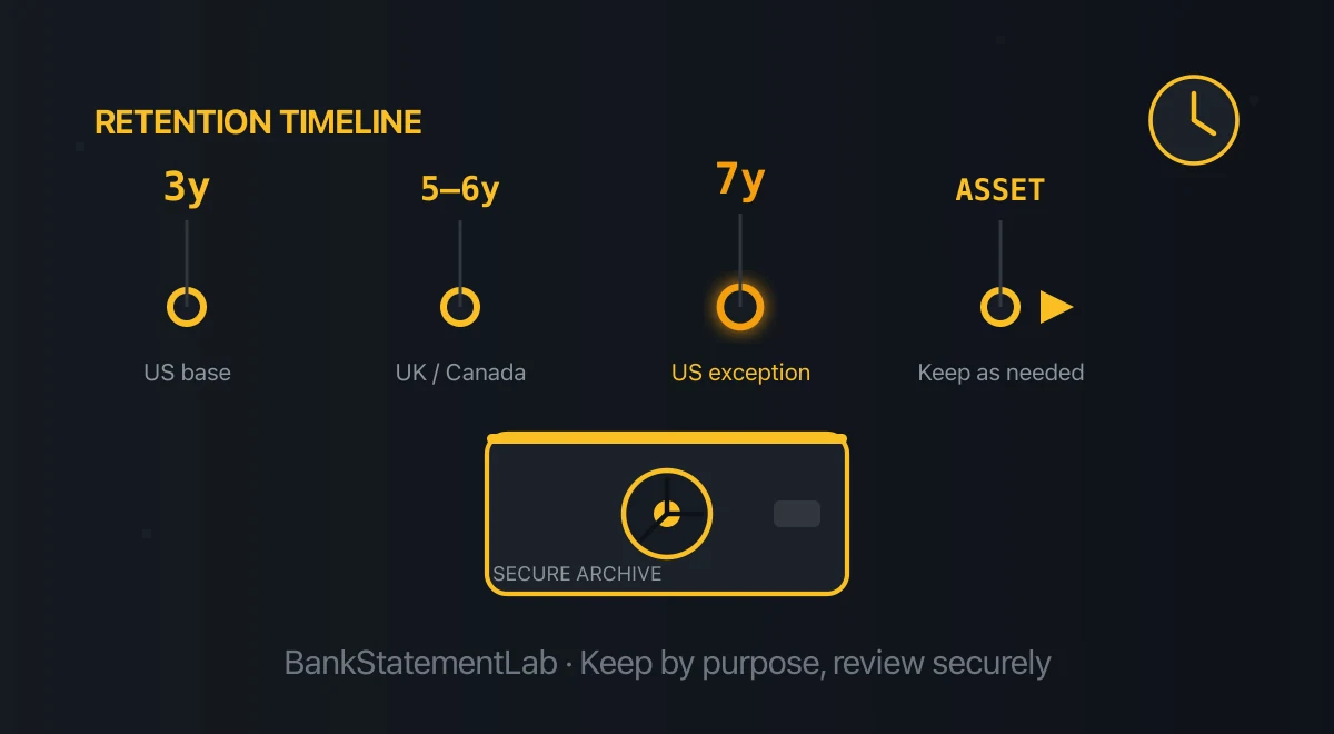 Retention timeline with example country periods and an asset-record marker above a secure archive.