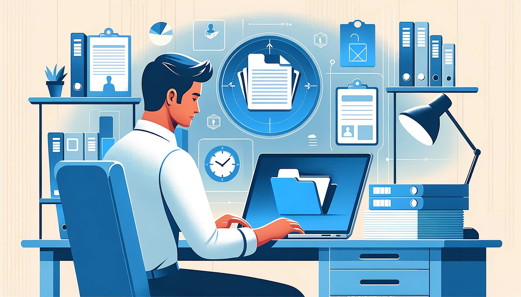 Self-employed freelancer organizing bank statements for tax record keeping at home office