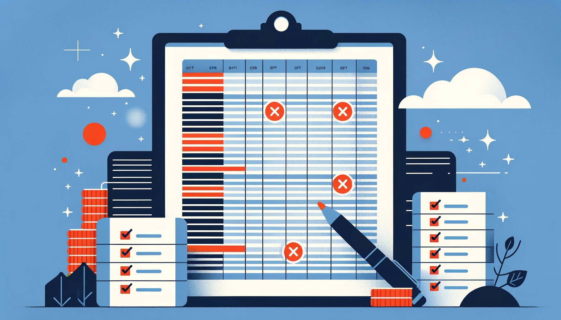 Illustration of common CSV import errors in accounting software with a checklist of fixes