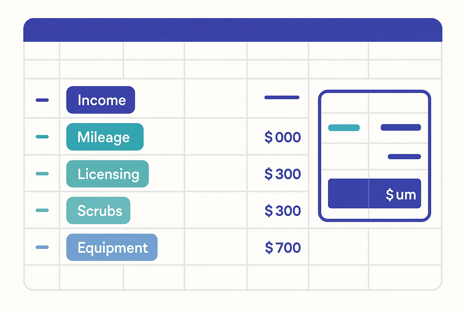 Categorized nurse bank transactions in a spreadsheet with income and deduction groups