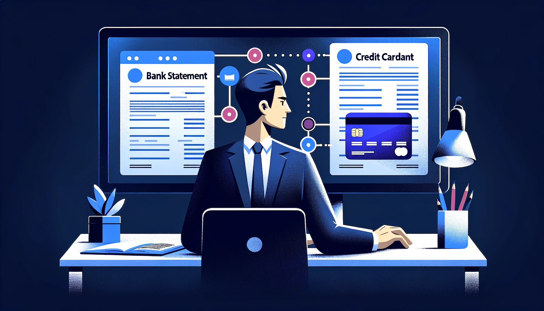 Illustration of a freelancer reconciling a bank statement and a credit card statement on screen