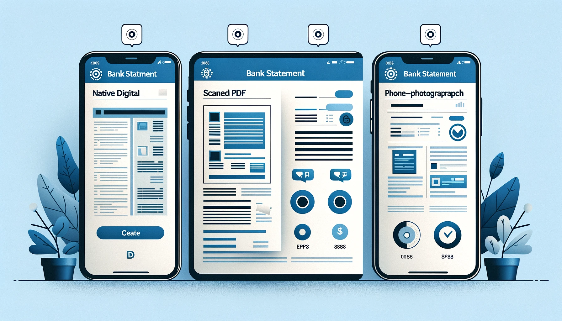 Comparison of bank statement PDF types for OCR processing: native digital, scanned, and photographed