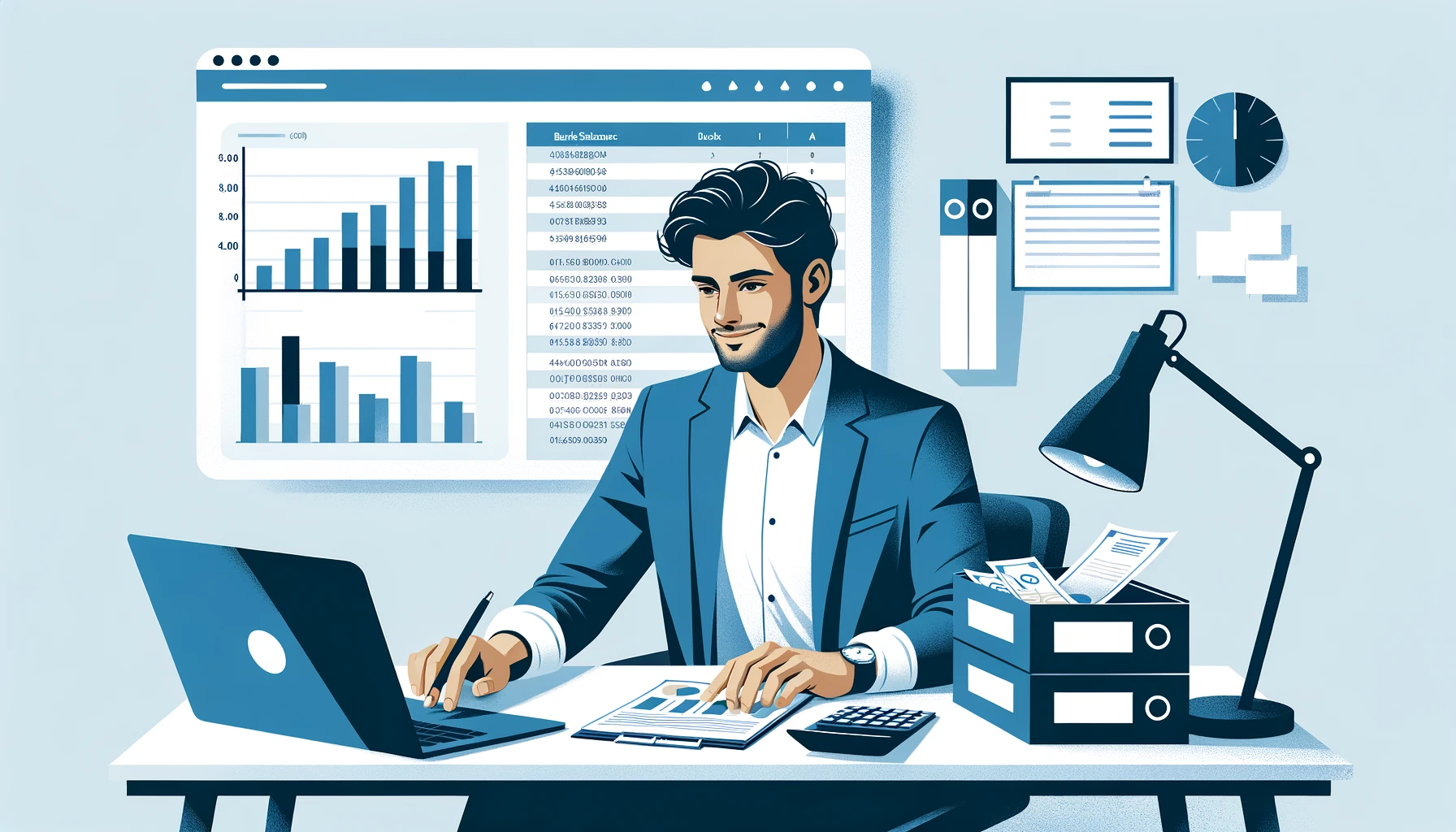 Self-employed professional organizing bank statements for a tax audit at a clean, well-organized desk