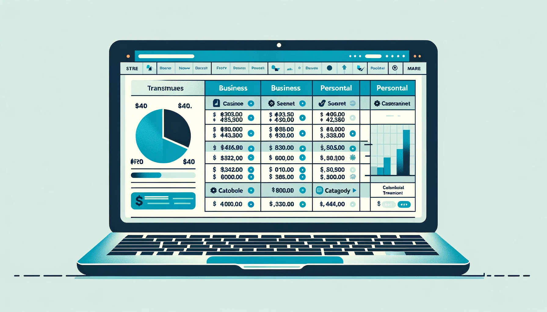 Bank statement spreadsheet with transactions color-coded by personal and business categories