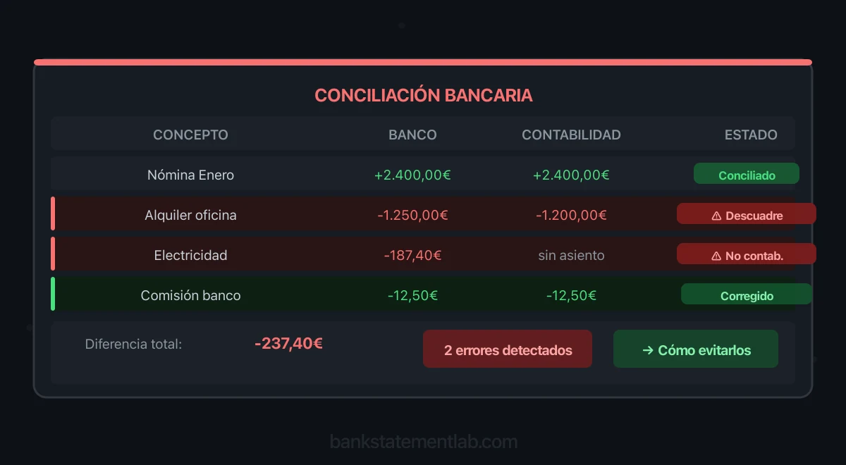 Tabla de conciliación con un importe descuadrado y una operación sin asiento resaltados como errores.