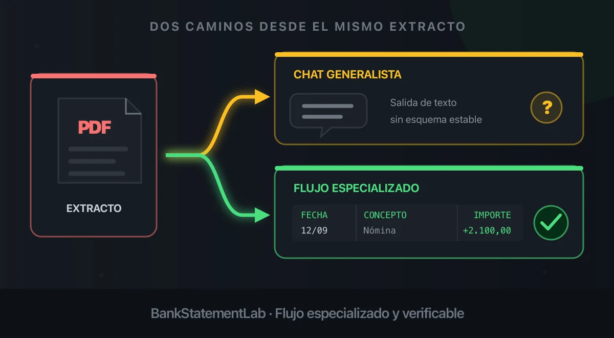 Un mismo extracto PDF sigue dos caminos: respuesta de chat y tabla bancaria de un flujo especializado.