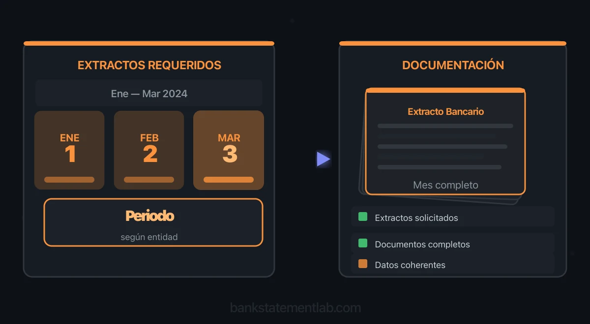 Tres meses de ejemplo en un calendario junto a una lista de documentos para una solicitud hipotecaria.