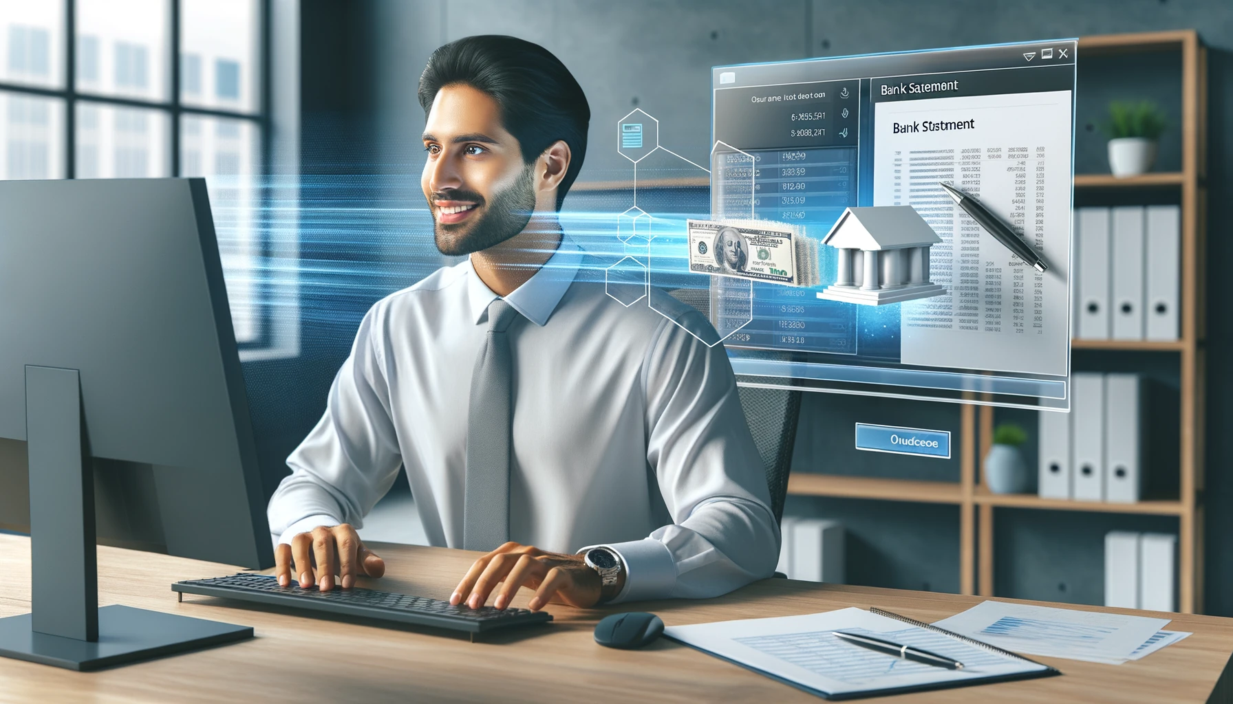 Contable en oficina moderna con extracto bancario PDF transformandose en Excel automaticamente