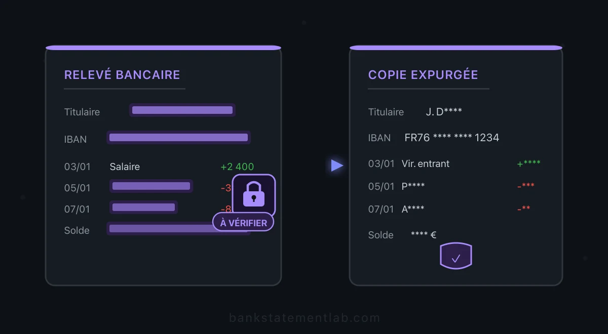 Relevé bancaire original à côté d’une copie expurgée où le titulaire, l’IBAN et les montants sont masqués.