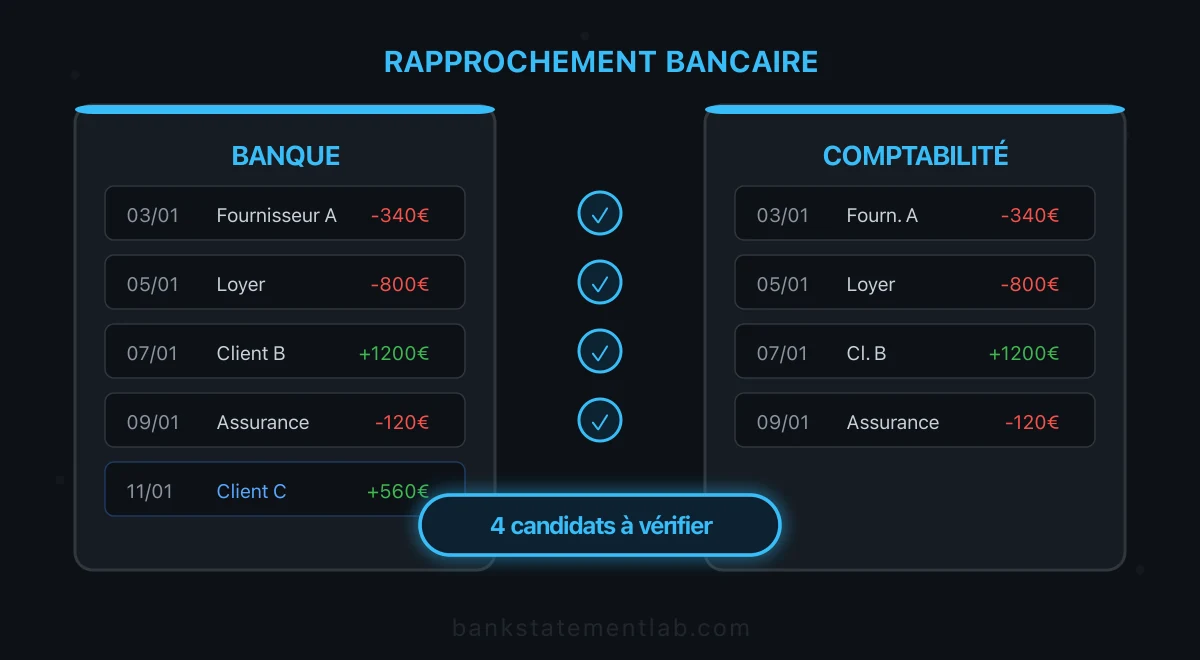 Listes d’opérations bancaires et comptables reliées par des correspondances candidates à vérifier.