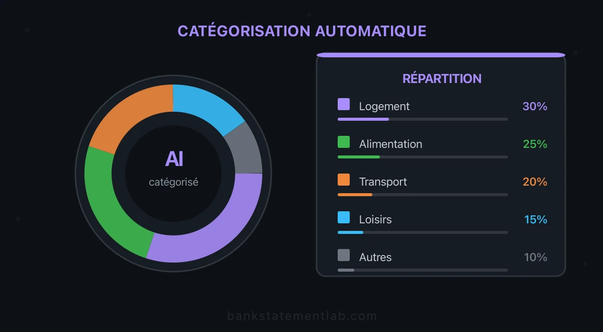 Module de catégorisation relié à un graphique répartissant les dépenses entre logement, alimentation, transport et loisirs.