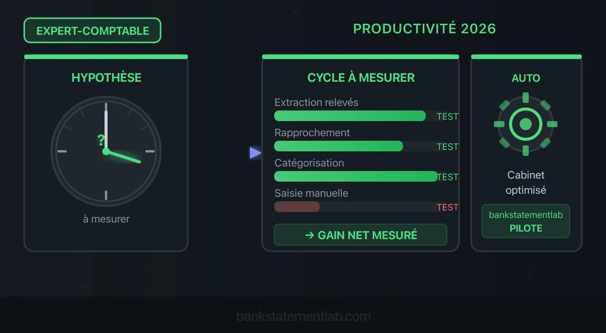 Cycle de travail d’un cabinet comptable avec extraction, rapprochement et catégorisation à mesurer lors d’un pilote.