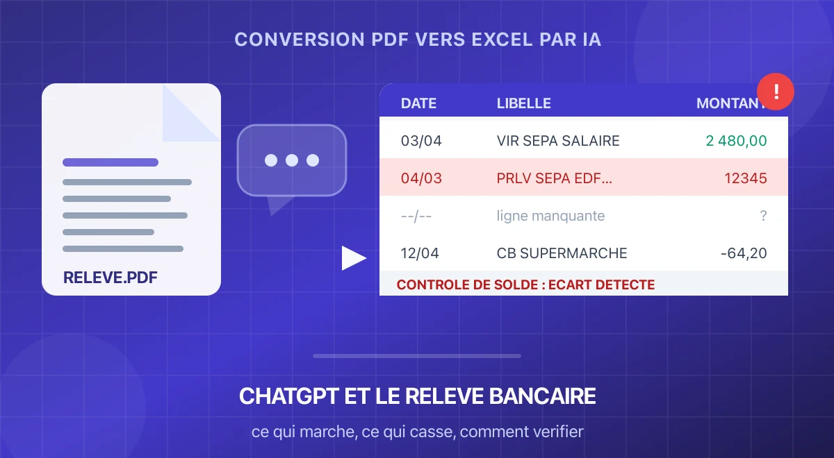 Tableau extrait d’un relevé avec une ligne manquante et un écart de solde signalés pour contrôle.