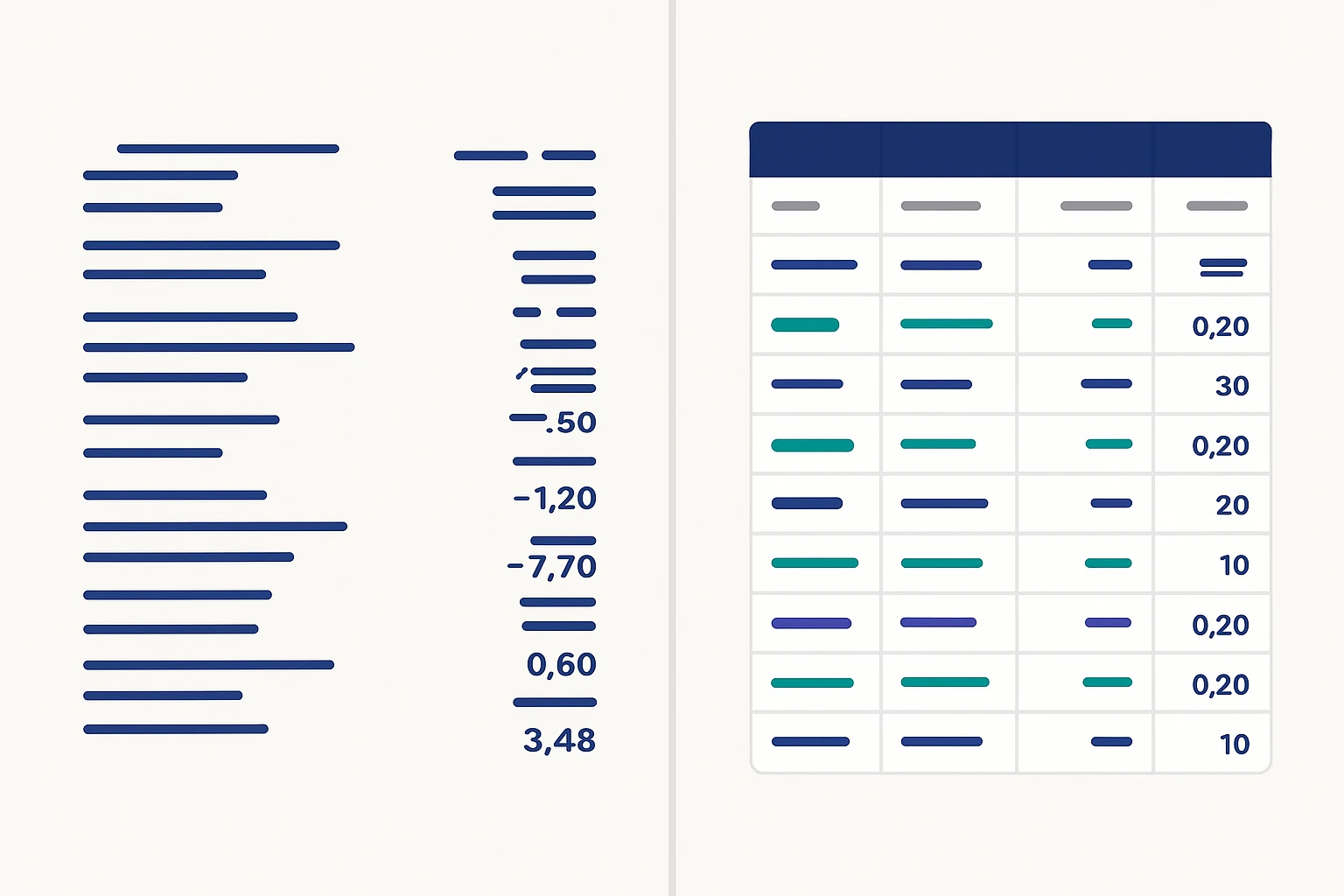 Comparaison entre un copier-coller de relevé bancaire PDF désordonné et un tableur Excel propre et catégorisé