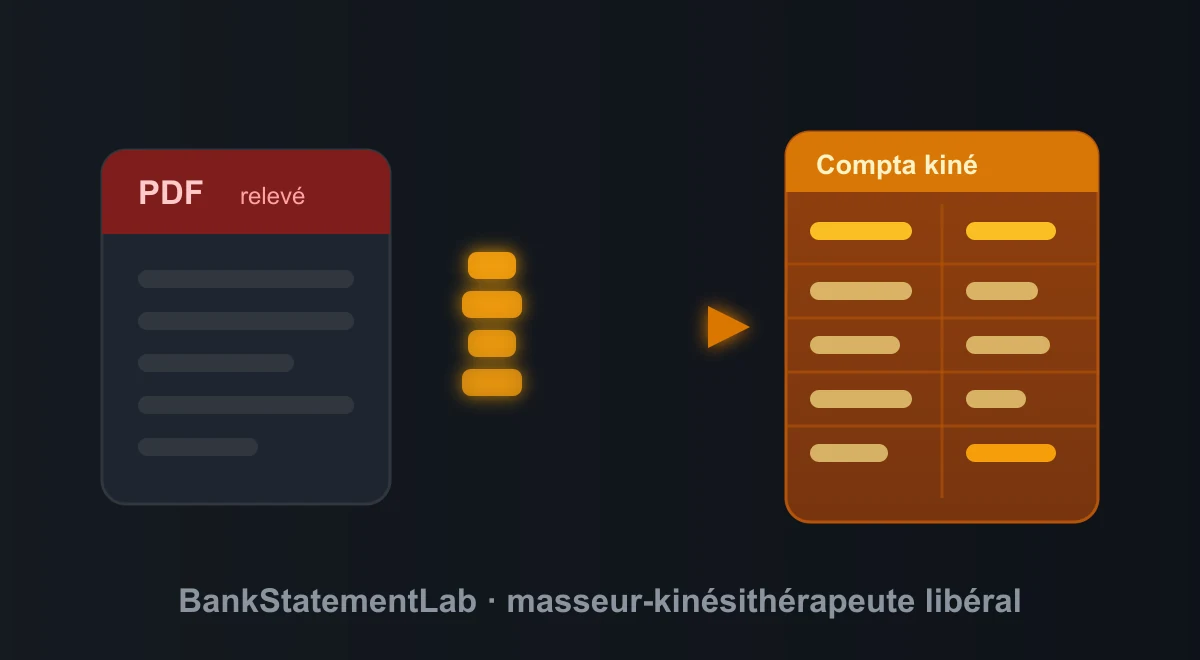 Relevé bancaire PDF relié par une flèche à un tableur de comptabilité de kinésithérapeute libéral.