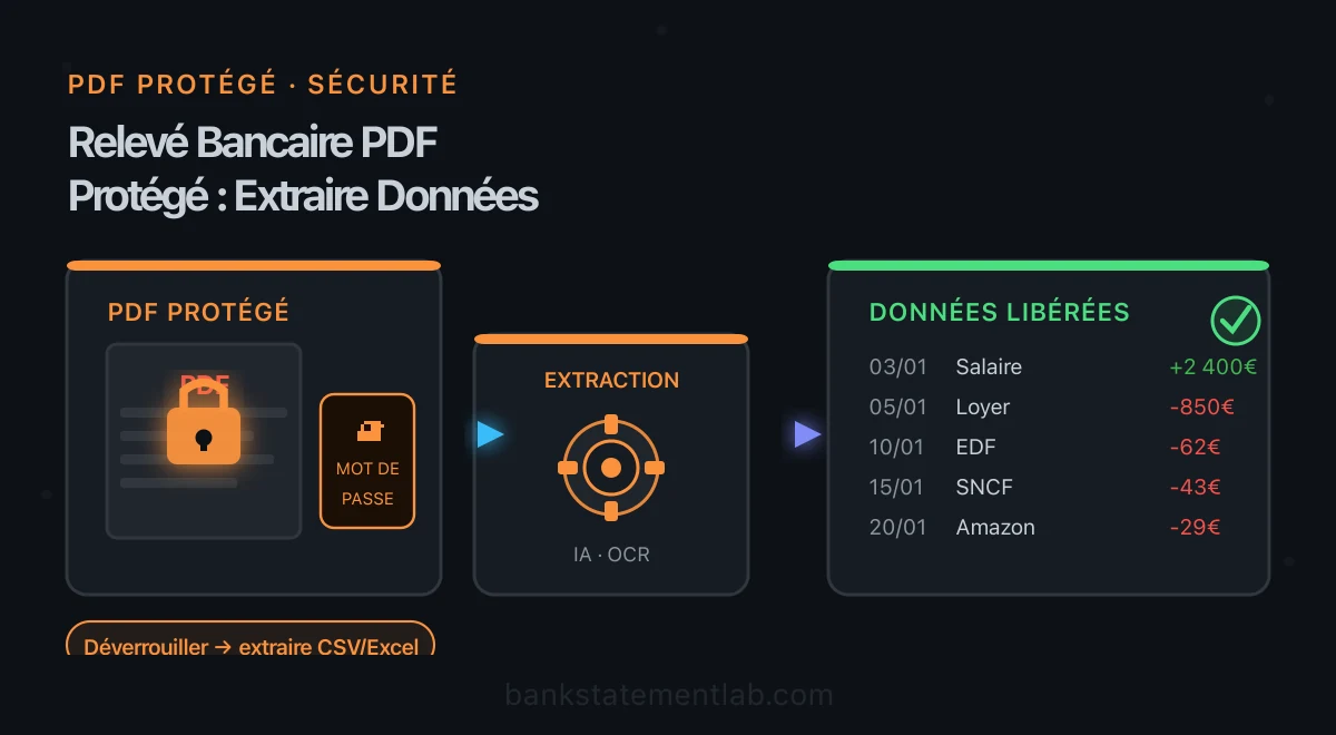 Relevé PDF protégé et mot de passe reliés à une extraction puis à un tableau de données bancaires.