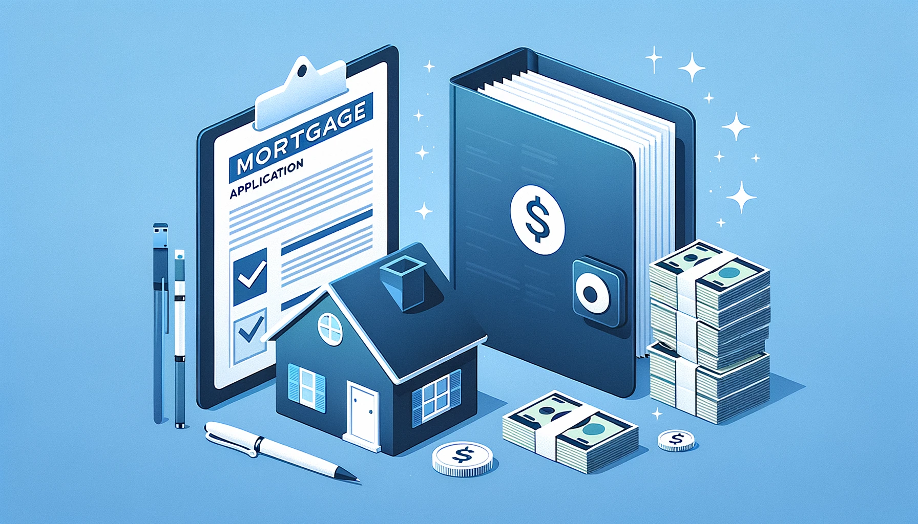 Dossier de prêt immobilier organisé avec relevés bancaires empilés et représentation d'une maison miniature