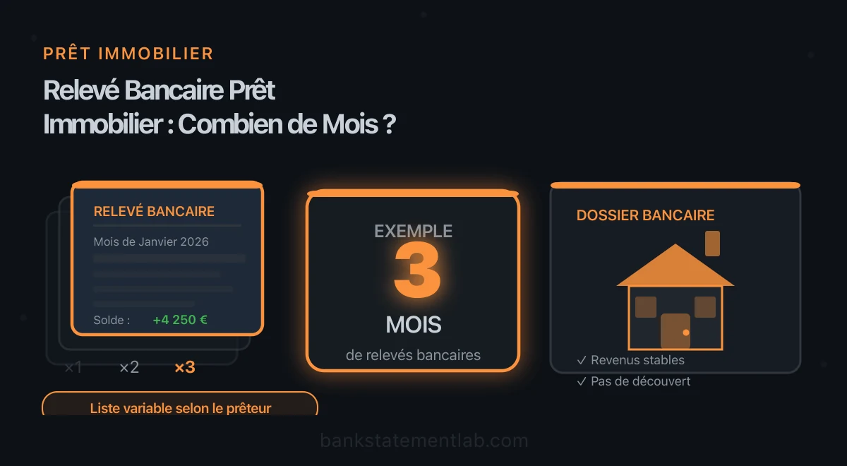 Relevés mensuels d’exemple à côté d’un dossier de prêt immobilier et de points de contrôle bancaire.