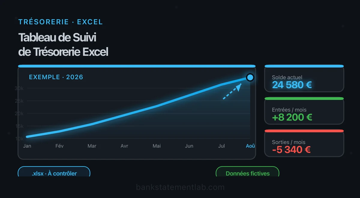 Courbe de trésorerie mensuelle dans Excel avec solde, entrées et sorties de fonds fictifs.