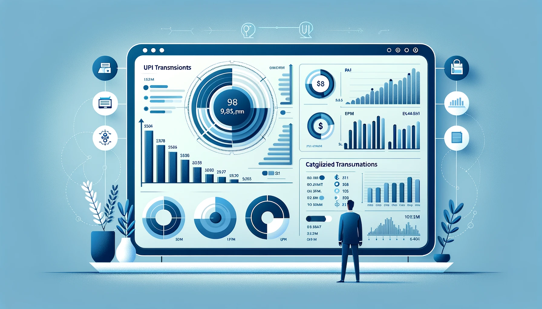 Financial dashboard showing categorized UPI transactions with charts