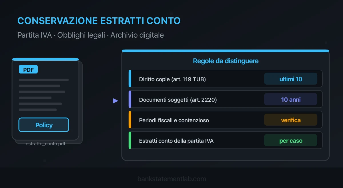 Archivio di estratti conto PDF e scheda che distingue diritto alle copie, conservazione e verifiche fiscali.