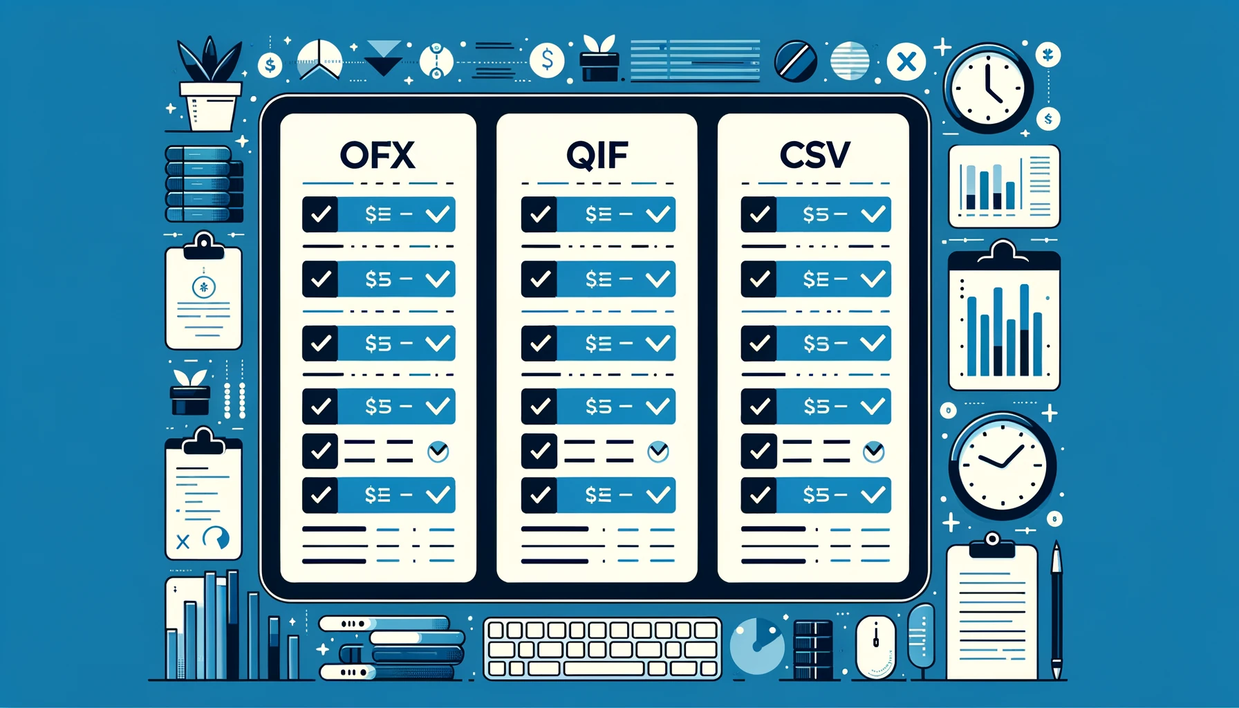 Tabella comparativa formati OFX QIF CSV: struttura dati, compatibilità software contabile e standard bancari