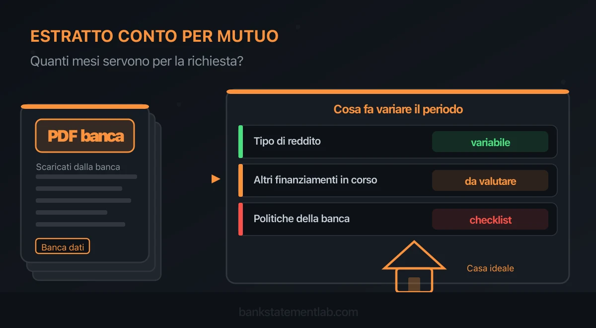 Documenti bancari e casa affiancati ai fattori che determinano il periodo di estratti richiesto per un mutuo.