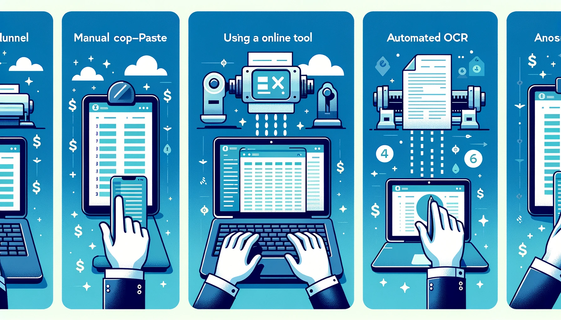 PDF銀行明細をExcelに変換する3つの方法を比較したフロー図