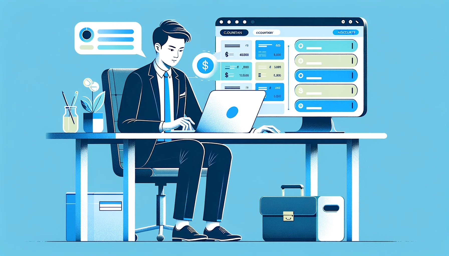 銀行取引明細の勘定科目を自動分類するAIシステムのダッシュボード画面イラスト