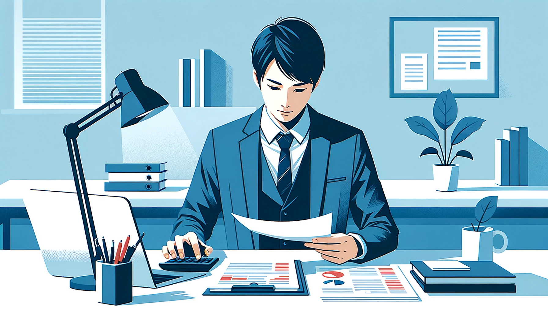 確定申告のためにフリーランサーが銀行通帳と税務書類を整理しているイラスト