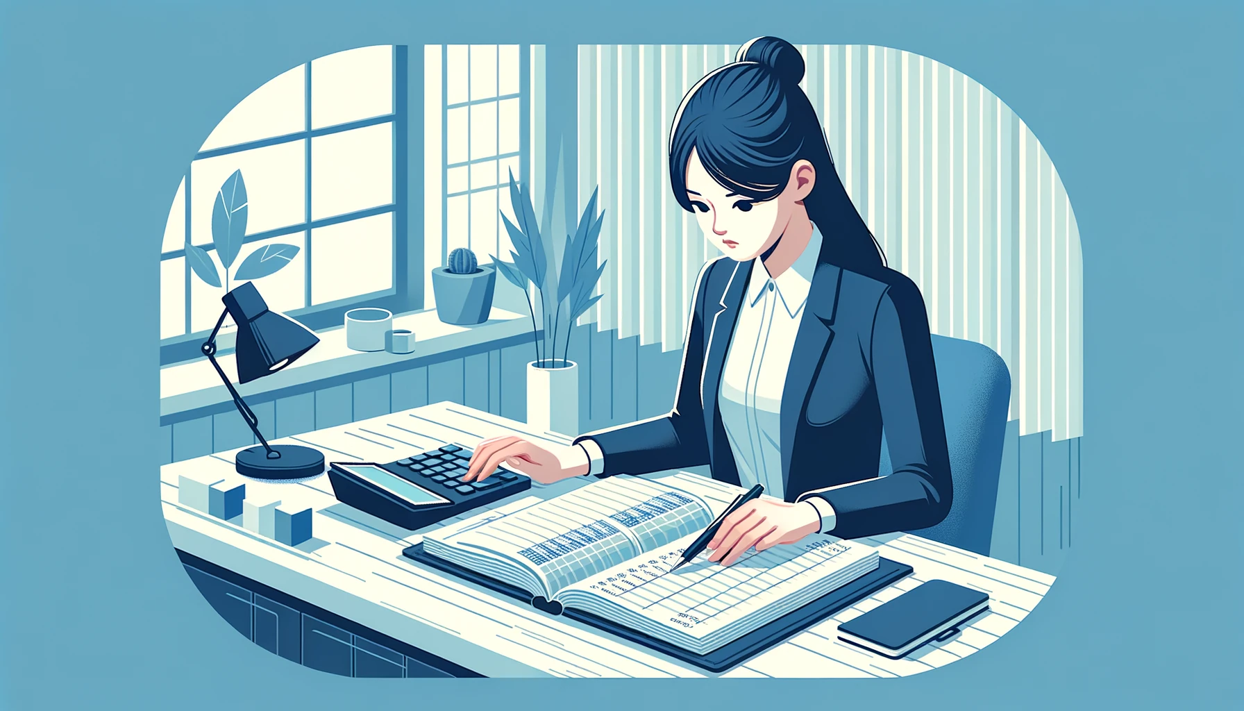 Korean accountant comparing bank statements with ledger for bank reconciliation