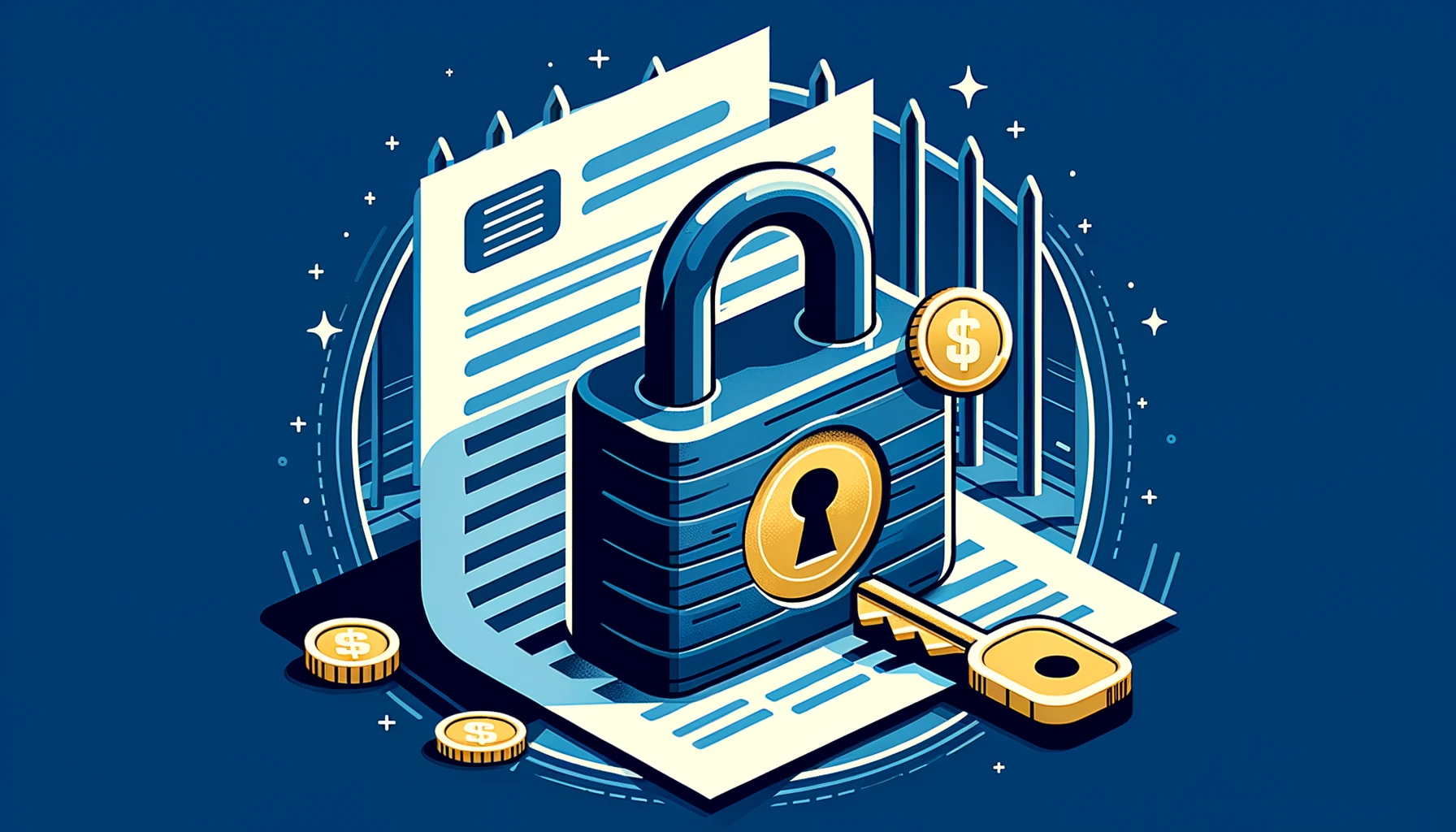 비밀번호로 잠긴 은행 거래내역 PDF에 황금 열쇠가 다가오는 일러스트