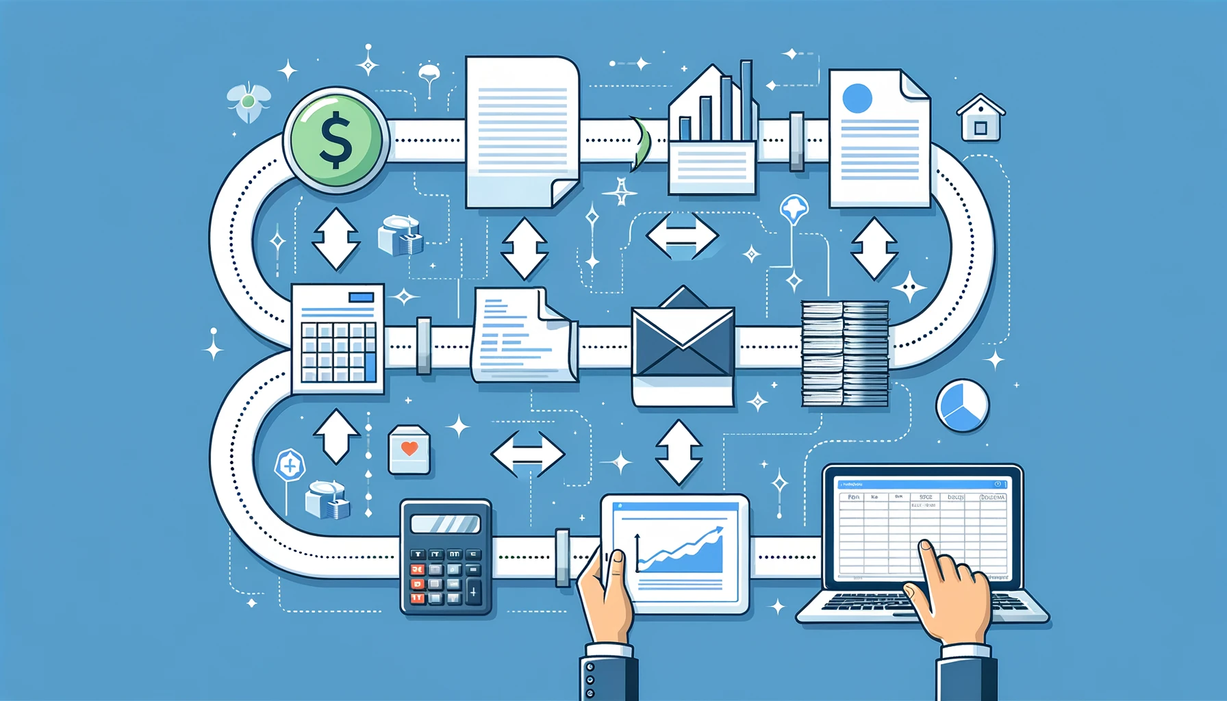 Data pipeline from PDF to Excel to accounting software dashboard diagram