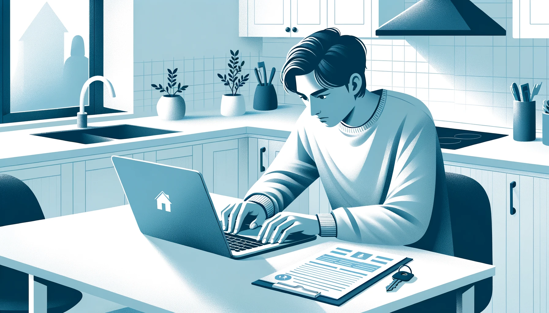 Jongvolwassene controleert bankafschriften op laptop voor hypotheekaanvraag met huissleutel