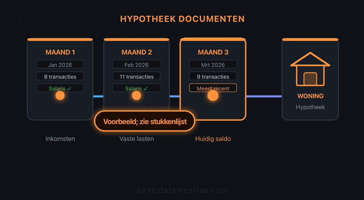 Drie voorbeeldmaanden met bankafschriften naast een woningkaart en aandachtspunten voor een hypotheekdossier.